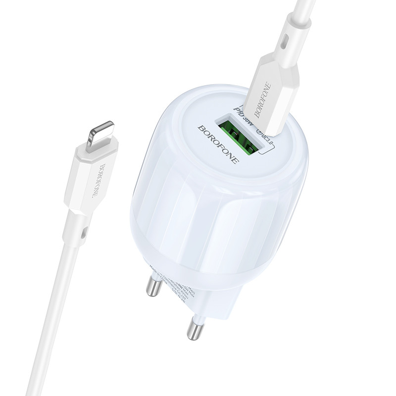 СЗУ Borofone BA94A Lustrous PD30W+QC3.0 (1USB-A/1C) + кабель Type-C to Lightning (Blue)