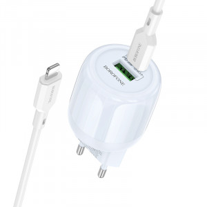 СЗУ Borofone BA94A Lustrous PD30W+QC3.0 (1USB-A/1C) + кабель Type-C to Lightning