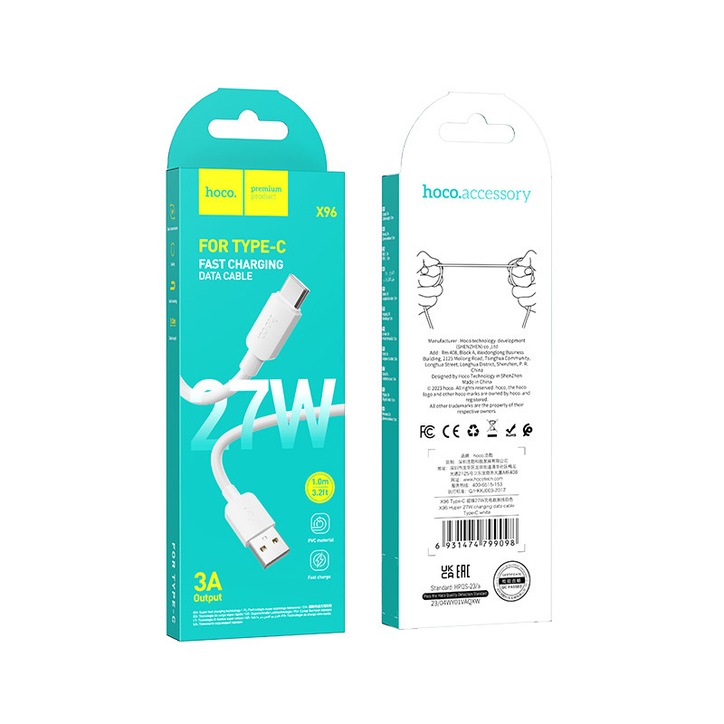 Фото Дата кабель Hoco X96 Hyper USB для Type-C 27W (1m) (White) на vchehle.ua