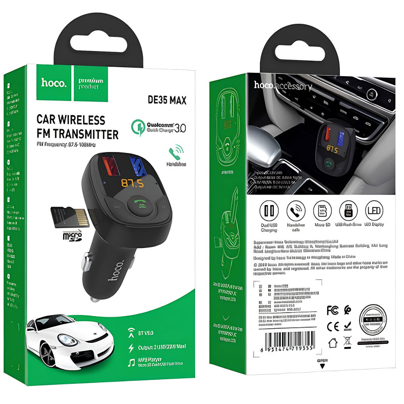 Фото АЗУ FM модулятор Hoco DE35 Max 18W (2USB-A) (Black) в магазине vchehle.ua