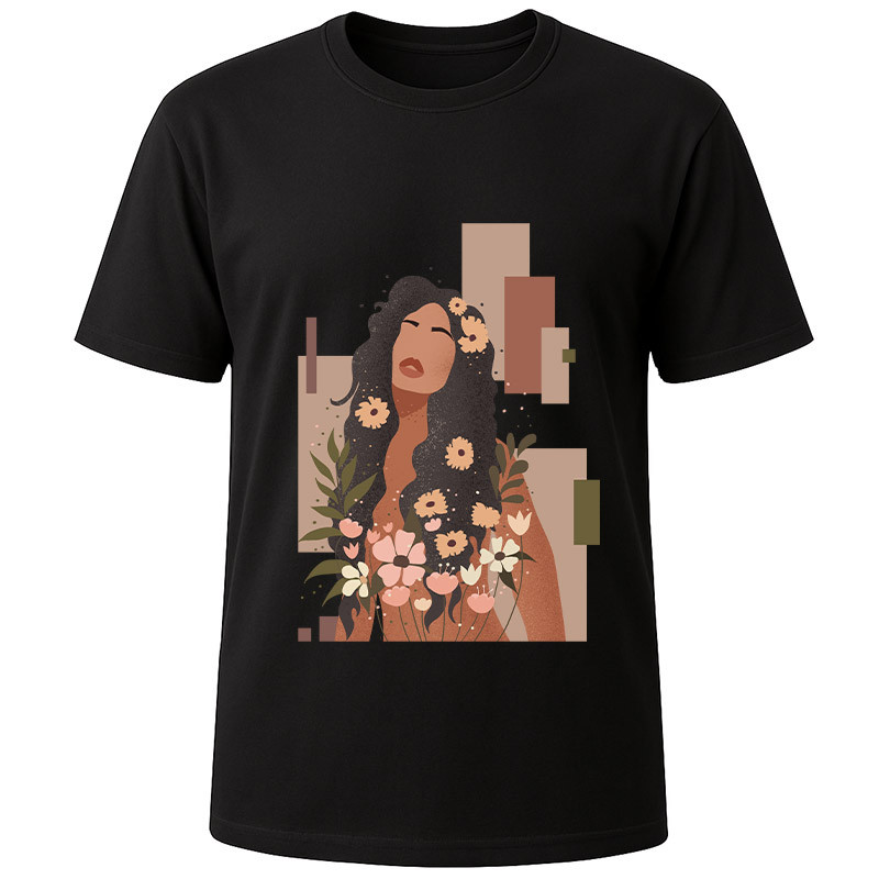 Футболка чорна Дівчина з квітами (XL)