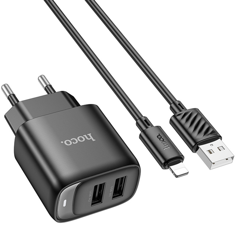 Фото СЗУ Hoco C141A Smart 2.1A (2USB-A) + кабель USB to Lightning (Black) в магазине vchehle.ua