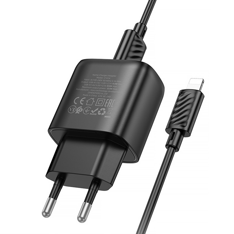 СЗУ Hoco C141A Smart 2.1A (2USB-A) + кабель USB to Lightning (Black) в магазине vchehle.ua