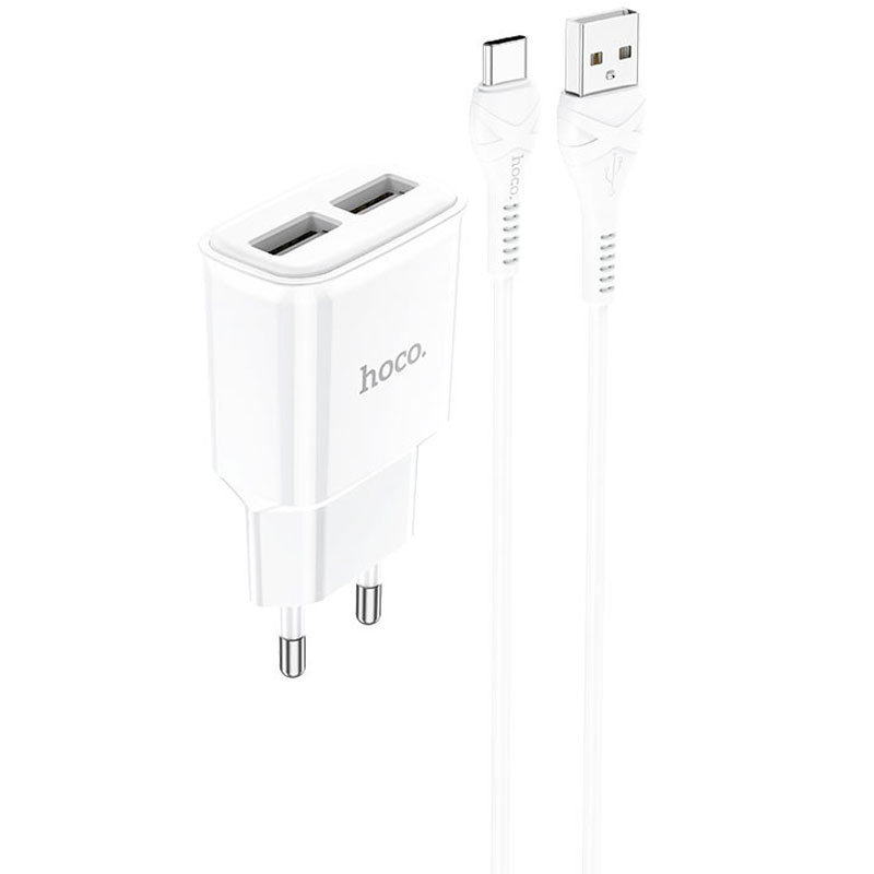 СЗУ Hoco C88A Star round 2.4A (2USB-A) + кабель USB to Type-C (Белый)