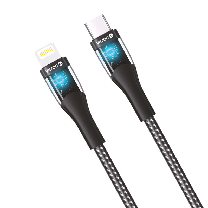 Уцінка Дата кабель Veron CL01 Nylon LED Type-C to Lightning 27W (1.2m) (Пошкоджена упаковка / Black)