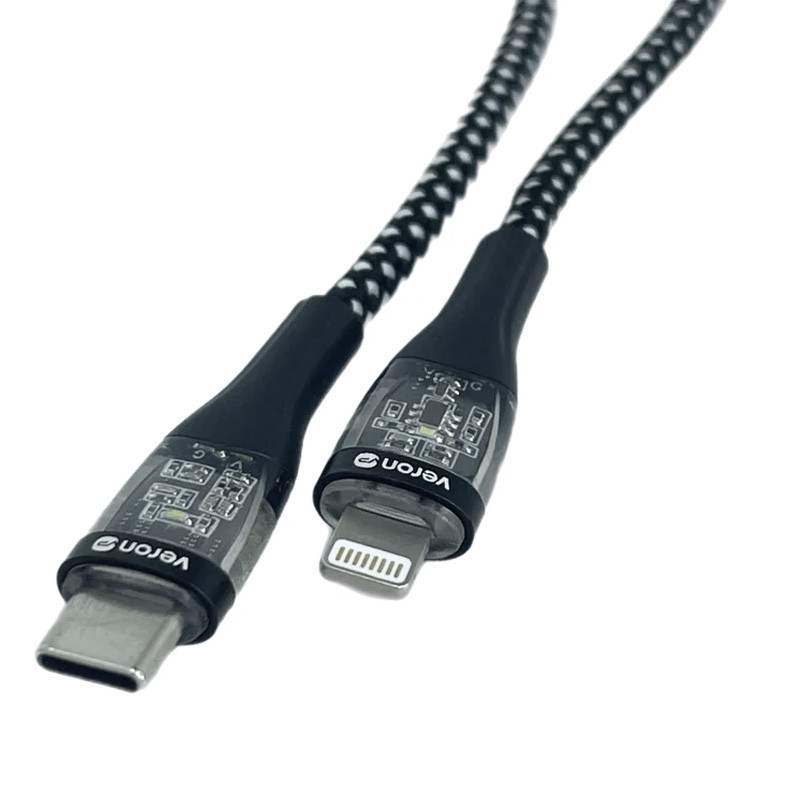 Фото Уцінка Дата кабель Veron CL01 Nylon LED Type-C to Lightning 27W (1.2m) (Пошкоджена упаковка / Black) в маназині vchehle.ua