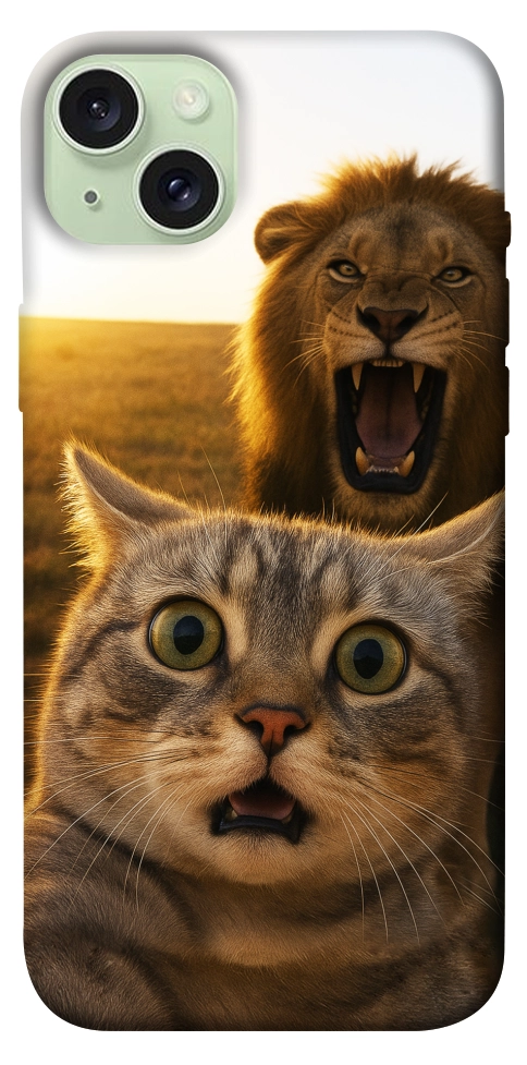 Чехол Shocked cat and lion для iPhone 15 Plus