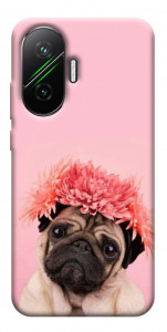 Чехол Мопс с цветами для Xiaomi Poco F7