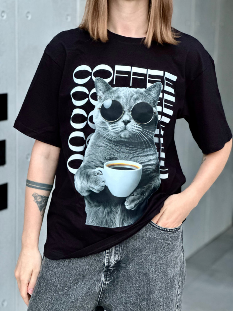 Фото Футболка чорна Grey cat coffee на vchehle.ua