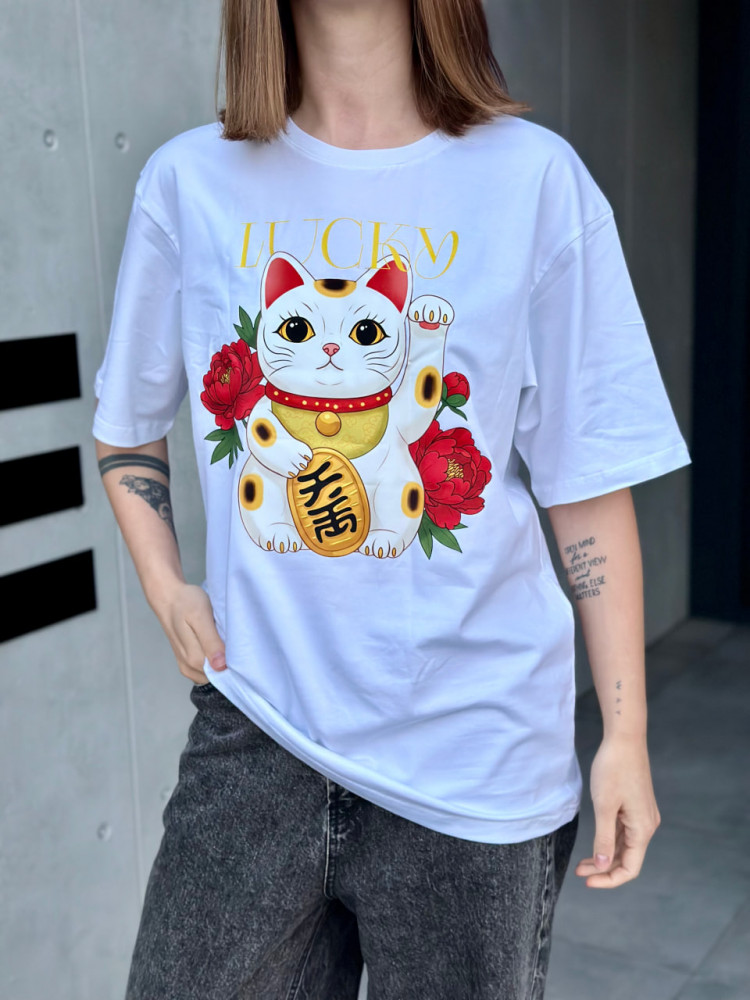 Фото Футболка белая Lucky cat на vchehle.ua
