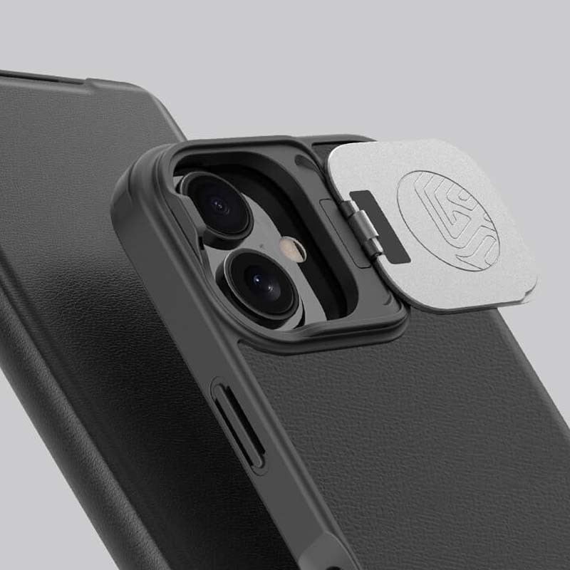 Кожаный чехол-книжка Nillkin Qin Prop Plain Camshield для Apple iPhone 16 (6.1") (Classic Black) в магазине vchehle.ua