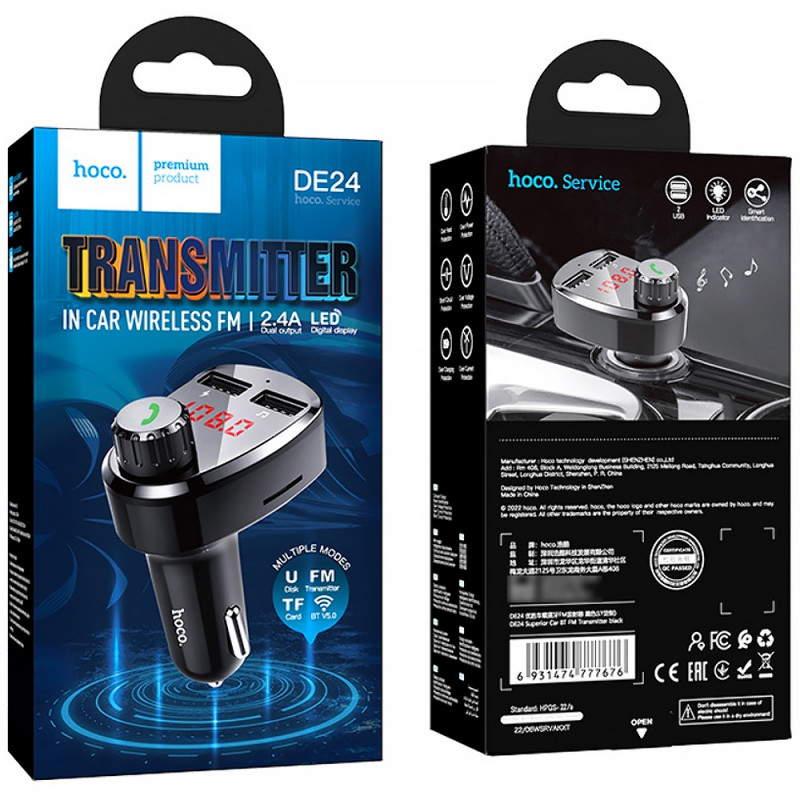 Купить АЗУ FM модулятор Hoco DE24 QC3.0 (2USB-A) (Black) на vchehle.ua