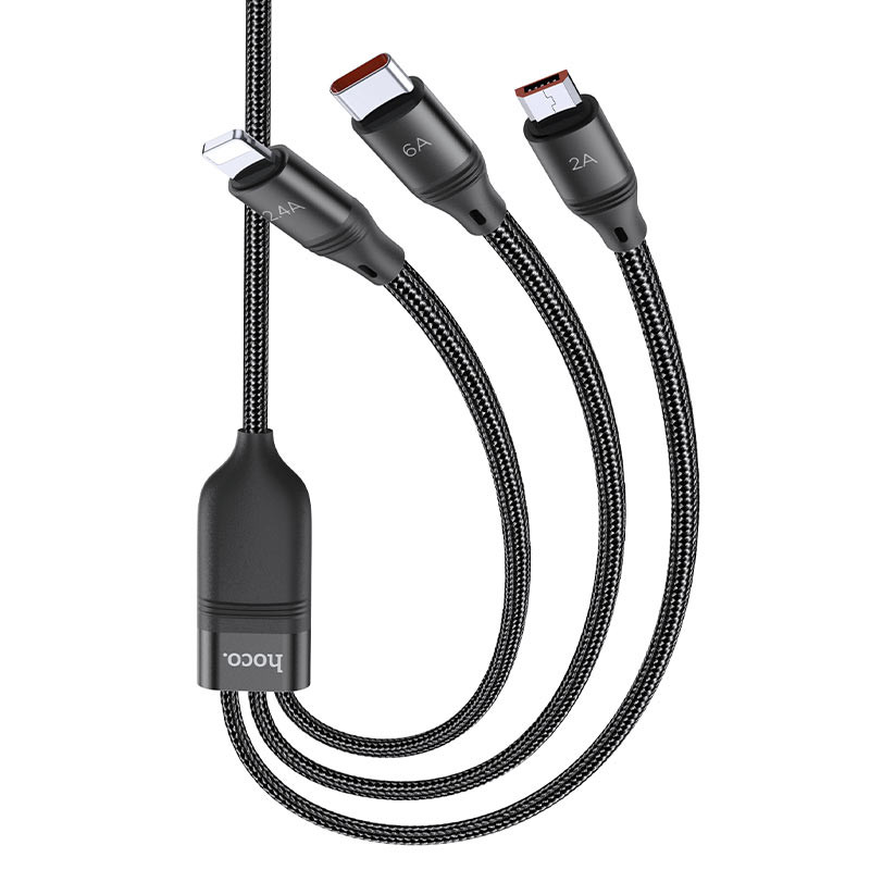 Фото Дата кабель Hoco U104 Ultra 6A 3in1 Lightning-MicroUSB-Type-C (1.2m) (Чорний) на vchehle.ua