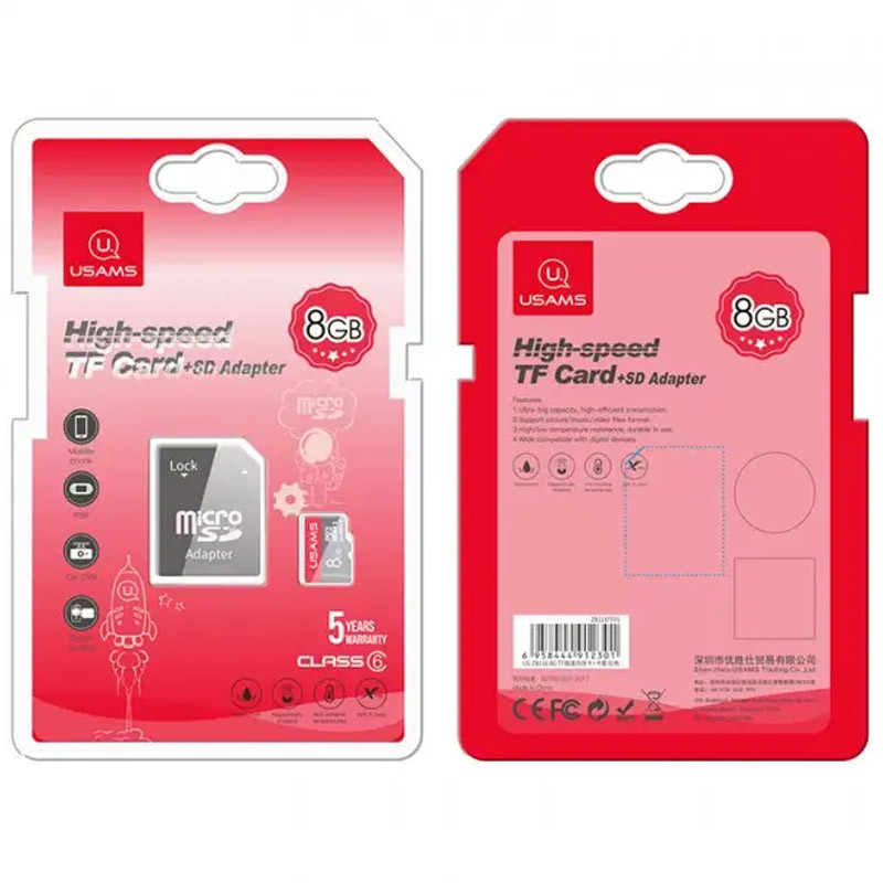 Фото Карта памяти Usams US-ZB116 (TF High Speed Card) microSDHC Class 10 - 8GB (с адаптером) (Red) на vchehle.ua