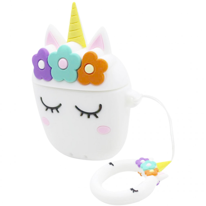 Фото Силіконовий футляр Sleep Unicorn series для навушників AirPods 1/2 + кільце (Білий) на vchehle.ua