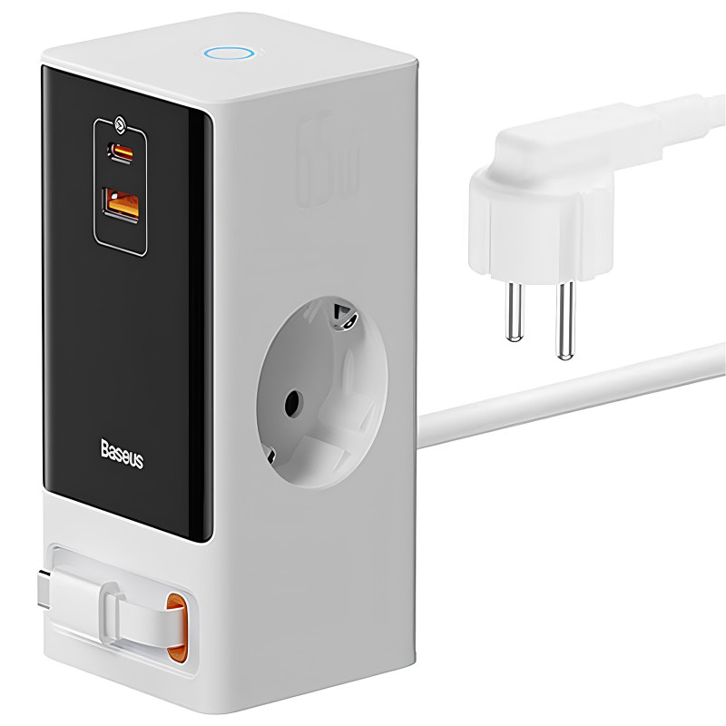 СЗУ Baseus OS PowerCombo Digital PowerStrip+Retractable-C 65W (1USB-A/1C/2Socket) (1.5m) (PSLR000)