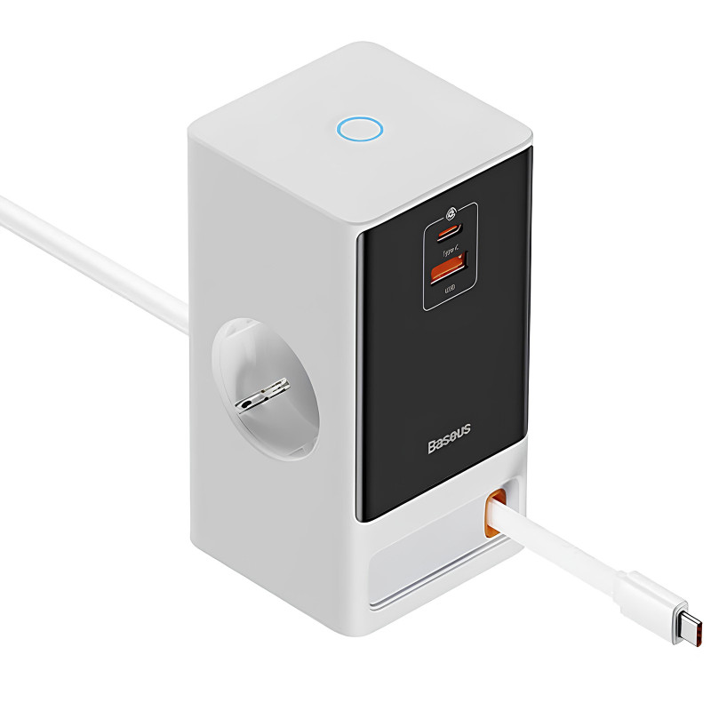 Фото СЗУ Baseus OS PowerCombo Digital PowerStrip+Retractable-C 65W (1USB-A/1C/2Socket) (1.5m) (PSLR000) (Glacier White) на vchehle.ua