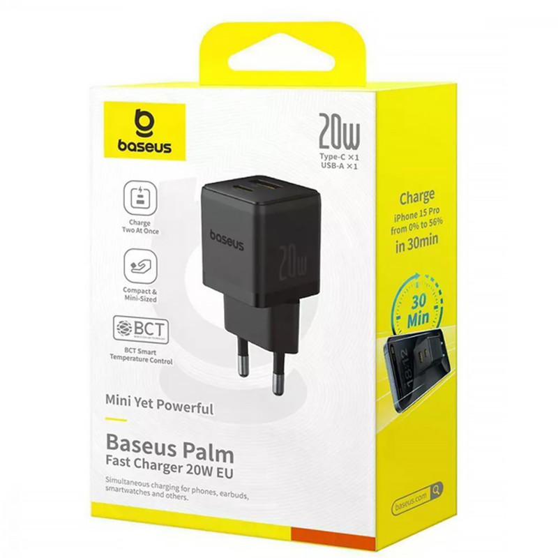 Фото МЗП Baseus Palm Fast Charger 20W (1USB-A/1C) (P10111608) (Cluster Black) на vchehle.ua