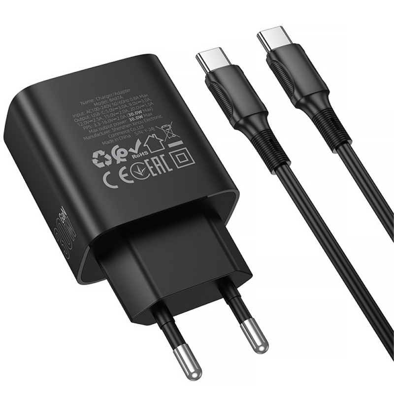Купить СЗУ Borofone BA97A PD30W (1USB-C) + кабель Type-C to Type-C (Black) на vchehle.ua