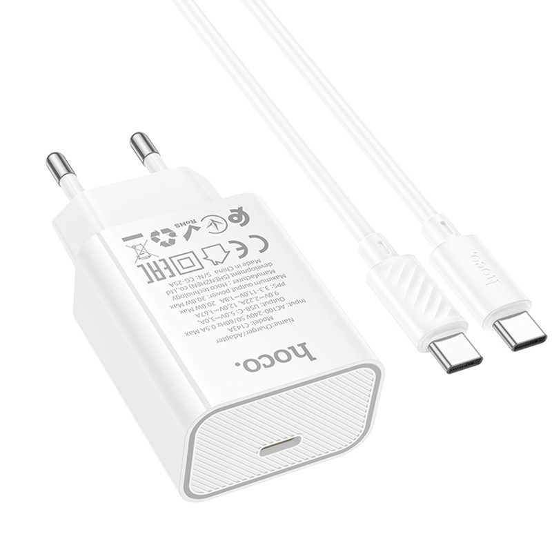 СЗУ Hoco C143A Benefit PD20W (1USB-C) + кабель Type-C to Type-C (White) в магазине vchehle.ua