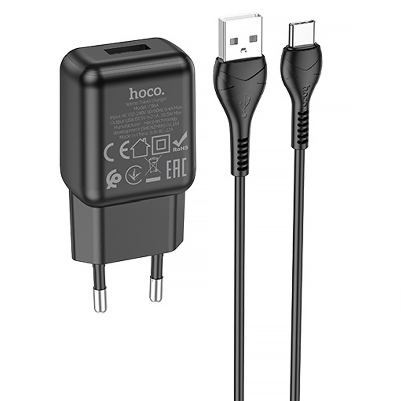 СЗУ Hoco C96A (1USB/2.1A) + кабель USB to Type-C (Black)