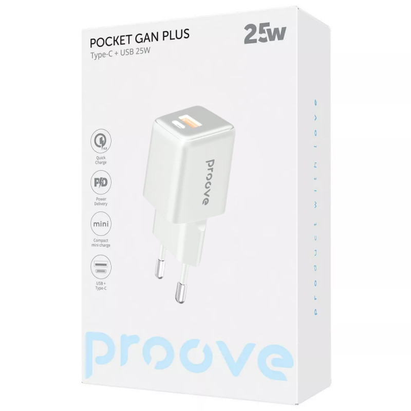 СЗУ Proove Pocket GaN Plus 25W (1USB-A/1C) (White) в магазине vchehle.ua