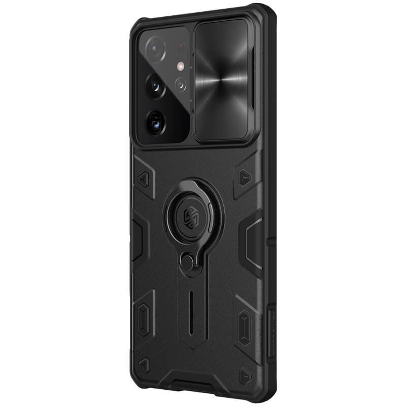 Уценка TPU+PC чехол Nillkin CamShield Armor no logo (шторка на камеру) для Samsung Galaxy S22 Ultra (Дефект упаковки / Черный)