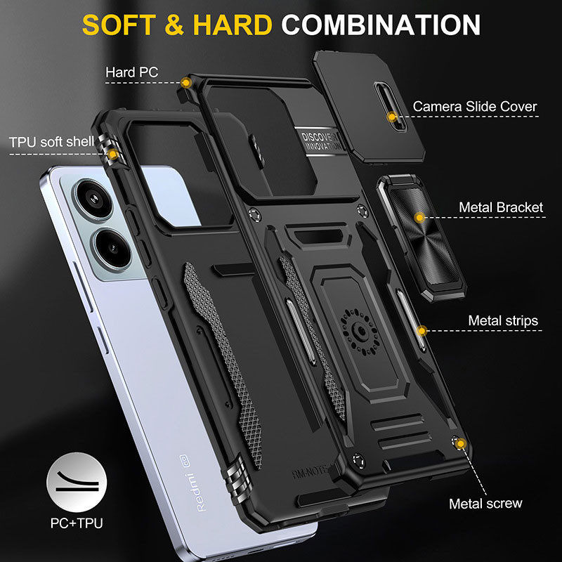 Купить Ударопрочный чехол Camshield Army Ring для Xiaomi Redmi Note 13 Pro 4G / 14s / Poco M6 Pro 4G (Черный / Black) на vchehle.ua