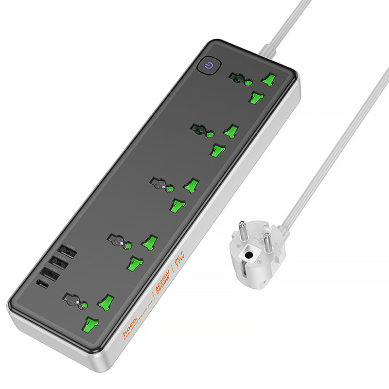Фото Удлинитель Hoco AC13A Safety Socket (3USB-A/1C/5xSocket) (1.5m) (Black) на vchehle.ua