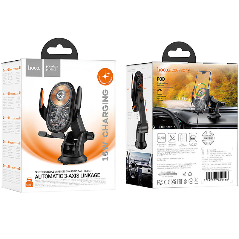 Фото Автотримач з БЗП Hoco HW34 Blue whale 3-axis linkage wireless 15W (center console) (Black) на vchehle.ua