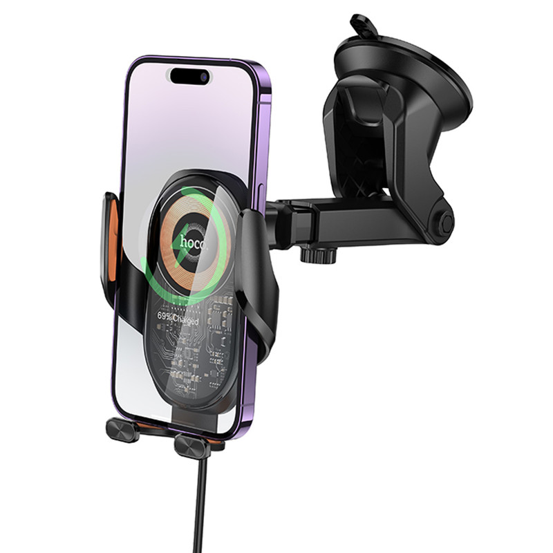 Автотримач з БЗП Hoco HW34 Blue whale 3-axis linkage wireless 15W (center console) (Black) в магазині vchehle.ua