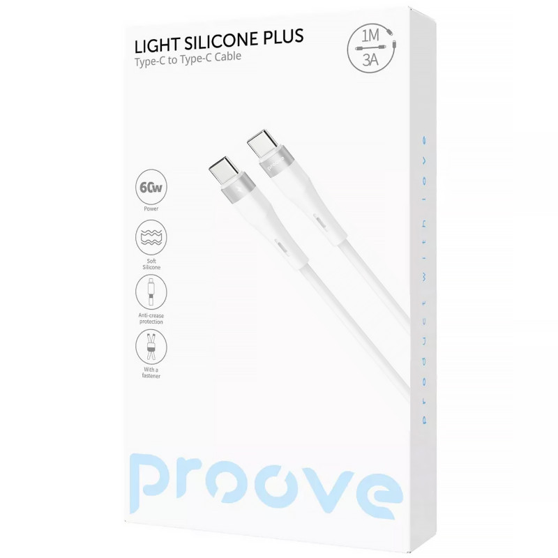 Фото Дата кабель Proove Light Silicone Plus Type-C to Type-C 60W (1m) (White) на vchehle.ua