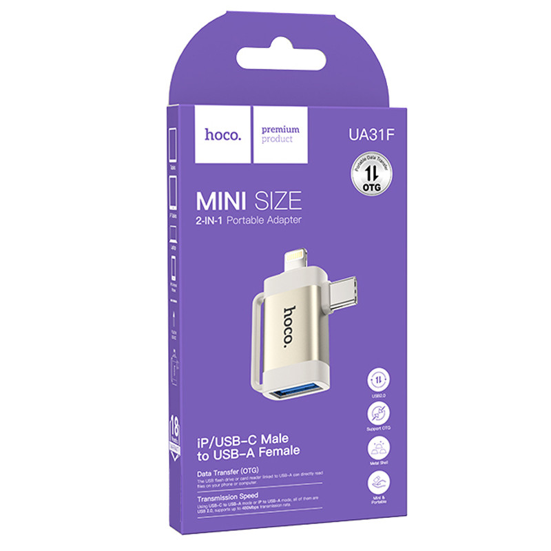 Купити Перехідник Hoco UA31F OTG 2in1 Lightning male/Type-C male to USB female (Gray) на vchehle.ua