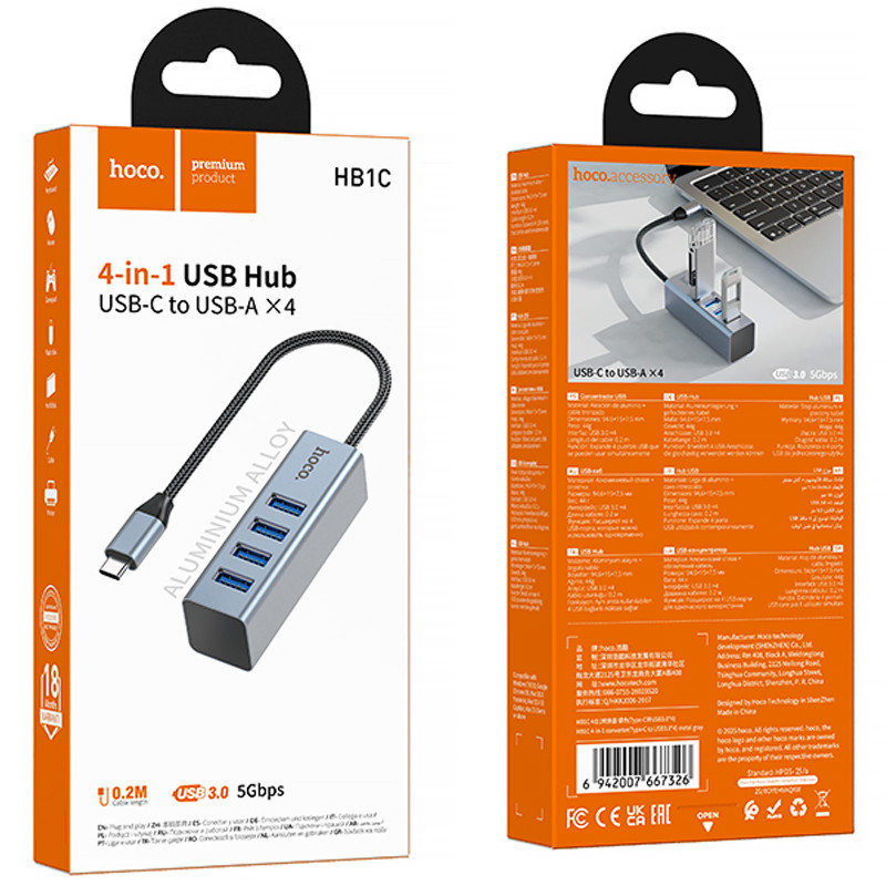 Фото Переходник HUB Hoco HB1C 4in1 (Type-C to 4xUSB 3.0) (0.2m) (Metal gray) на vchehle.ua