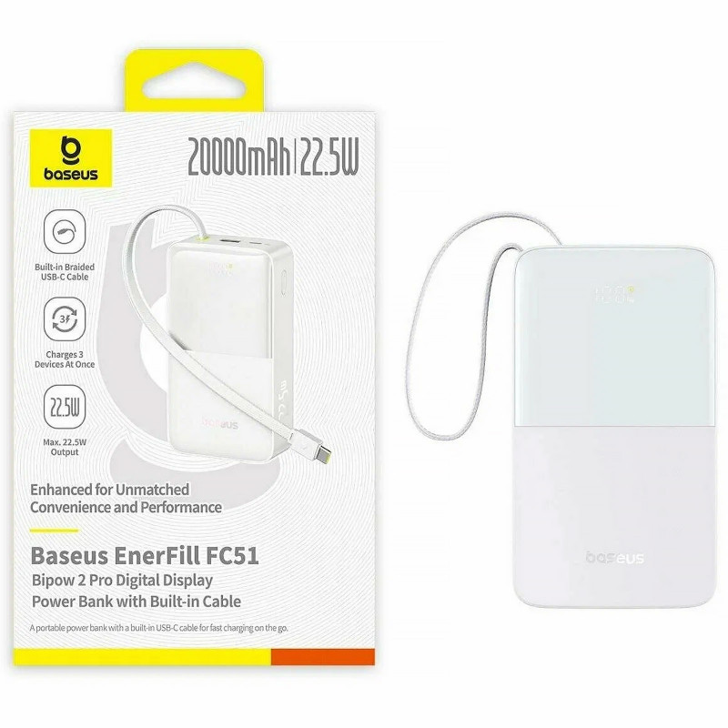 Фото Power Bank Baseus 20000 mAh EnerFill FC51 Bipow2 Pro 22.5W  (E00277) (White) в магазине vchehle.ua