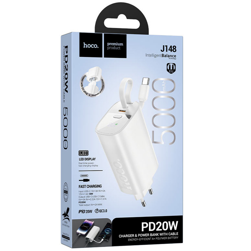 Фото Power Bank Hoco 5000 mAh J148 Handy PD20W with cable (White) в магазине vchehle.ua