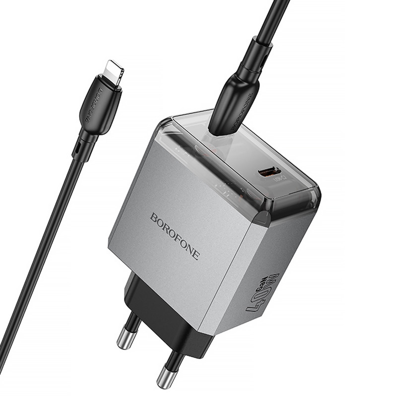 Фото МЗП Borofone BN21 Lena PD40W+QC3.0 (2USB-C) + кабель Type-C to Lightning (Metal gray) в маназині vchehle.ua