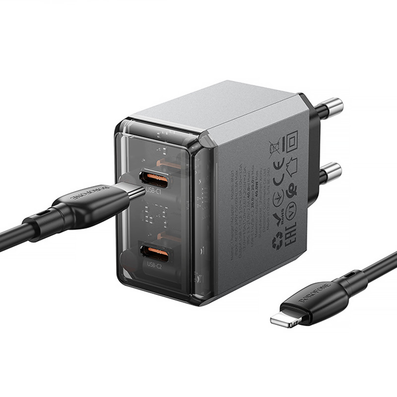 МЗП Borofone BN21 Lena PD40W+QC3.0 (2USB-C) + кабель Type-C to Lightning (Metal gray) в магазині vchehle.ua