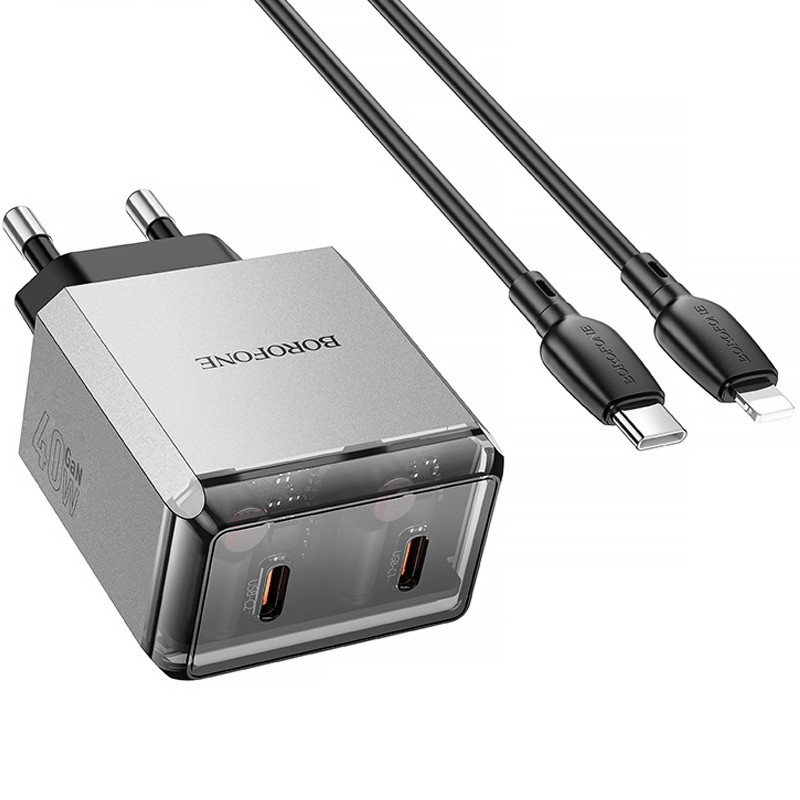 Купити МЗП Borofone BN21 Lena PD40W+QC3.0 (2USB-C) + кабель Type-C to Lightning (Metal gray) на vchehle.ua