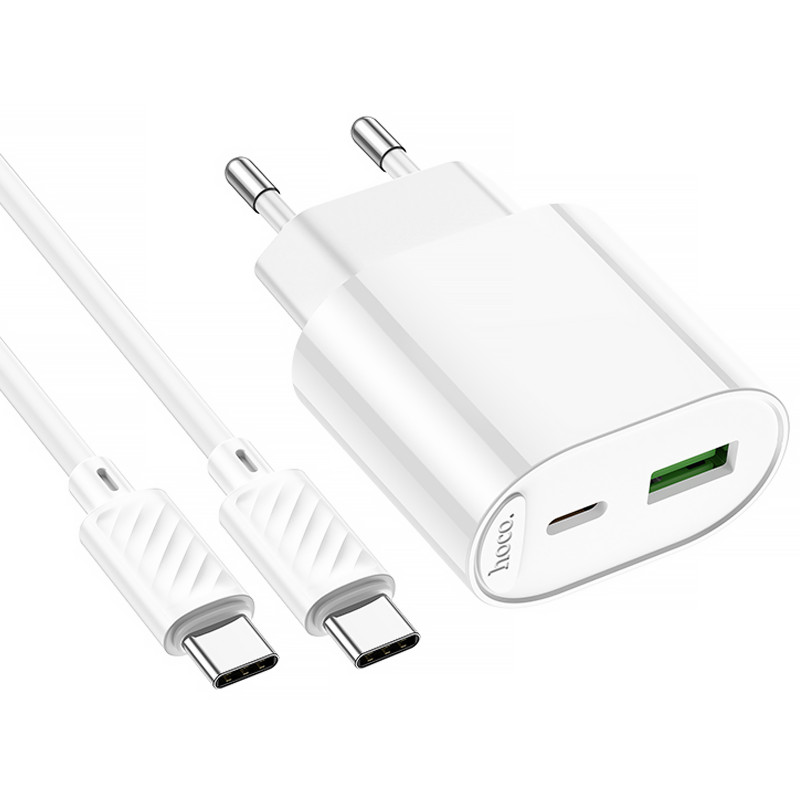 Купить СЗУ Hoco C109A Fighter PD20W+QC3.0 (1USB-A/1C) + кабель Type-C to Type-C (White) на vchehle.ua