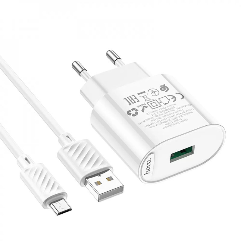 Купить СЗУ Hoco C109A Fighter QC3.0 18W (1USB-A) + кабель USB to MicroUSB (White) на vchehle.ua