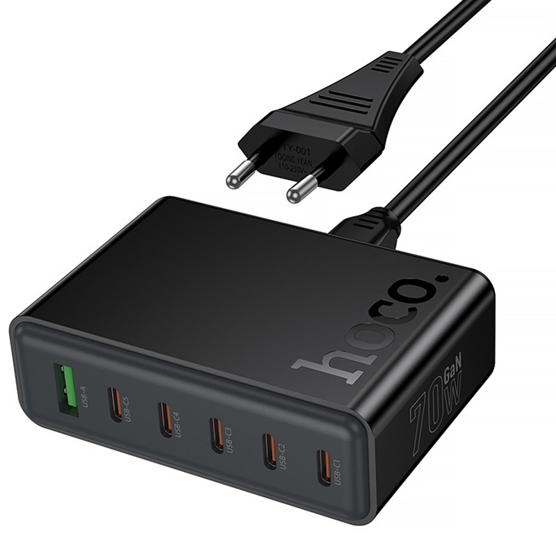 СЗУ Hoco C152A Modern PD70W 6in1 (5USB-C и 1USB-A) (Black) в магазине vchehle.ua