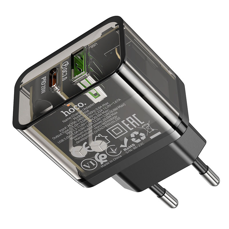 Фото МЗП Hoco N34 Dazzling PD20W+QC3.0 (1USB-A/1C) (Transparent black) в маназині vchehle.ua