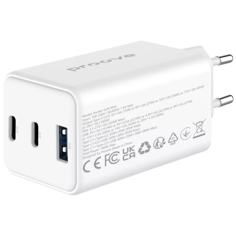 Фото МЗП Proove Pocket GaN 65W (1USB-A/2C) (White) в маназині vchehle.ua