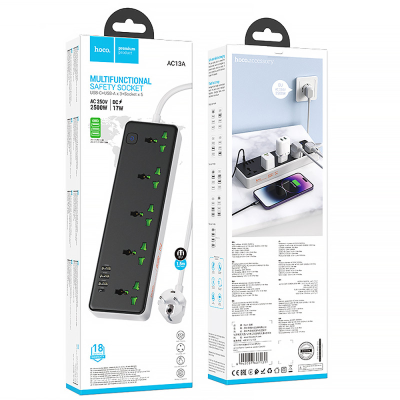 Удлинитель Hoco AC13A Safety Socket (3USB-A/1C/5xSocket) (1.5m) (Black) в магазине vchehle.ua