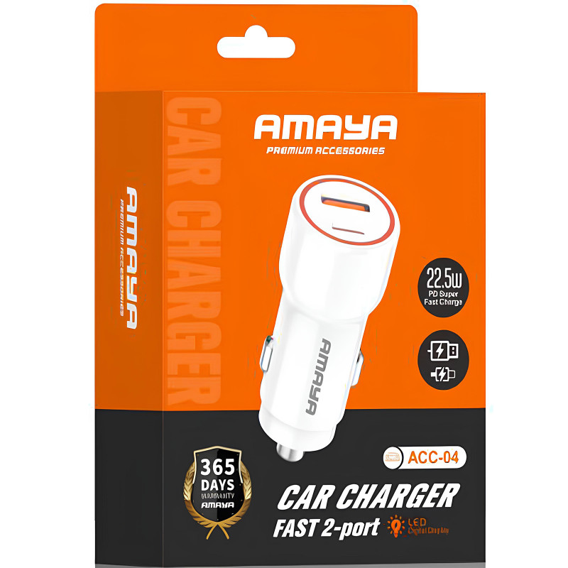 Фото АЗУ Amaya ACC-04 PD22.5W+QC3.0 total 37.5W (1USB-A/1C) (White) на vchehle.ua