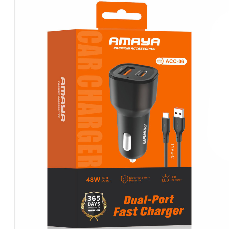 Фото АЗП Amaya ACC-06 PD30W+QC3.0 48W (1USB-A/1C) + кабель USB для Type-C (Black) на vchehle.ua