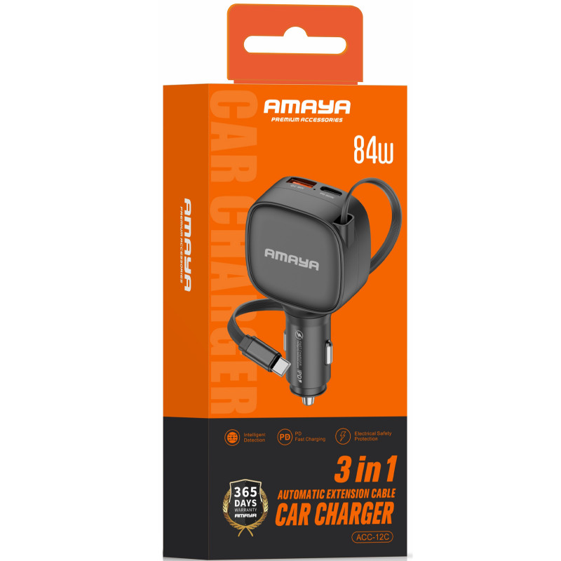 Фото АЗУ Amaya ACC-12C PD57.5W+QC3.0 total 84W (1USB-A/1C) with retractable cable Type-C (Black) на vchehle.ua