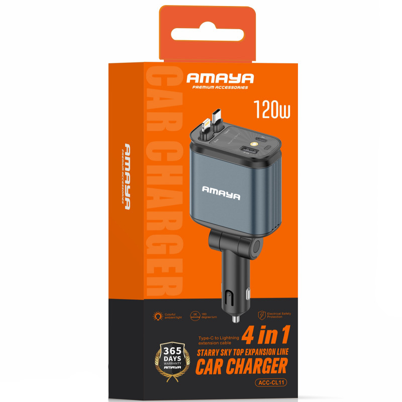 Фото АЗП Amaya ACC-CL11 PD57.5W+QC3.0 (1USB-A/1C) з retractable cable Type-C + Lightning (Gray) в маназині vchehle.ua
