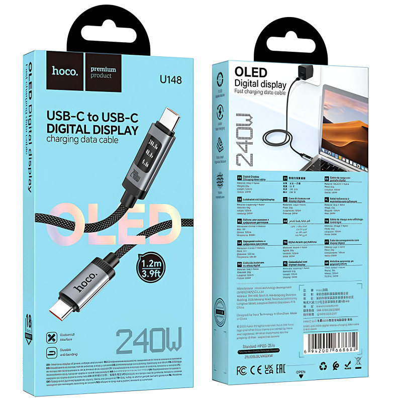 Фото Дата кабель Hoco U148 Lord with display Type-C to Type-C 240W (1.2m) (Black) на vchehle.ua